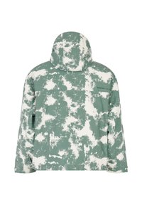 Grüner und weiß gemusterter Jacke mit Kapuze, die eine lockere Passform und eine Fronttasche aufweist. Hergestellt aus wasserfestem Material mit matter Oberfläche.