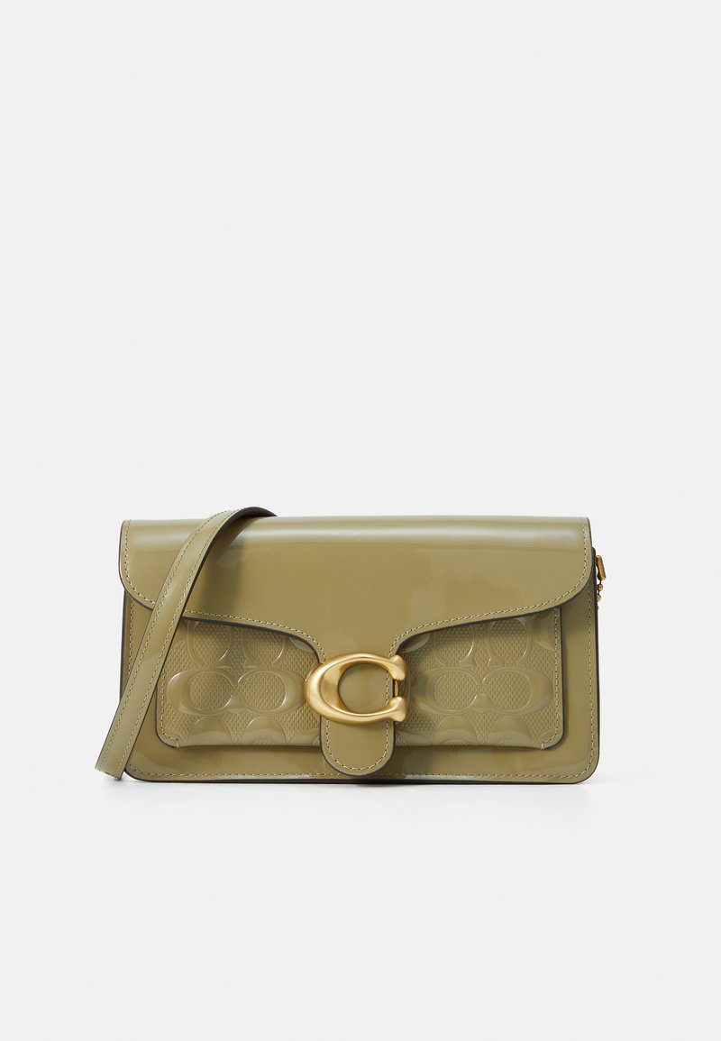 Olive green, glossy leather handbag with a front flap, embossed pattern, and a gold metal clasp. Features a detachable crossbody strap.