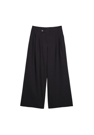 Pantaloni neri a gamba larga realizzati in tessuto liscio, con pieghe frontali, chiusura con bottone e design a vita alta.