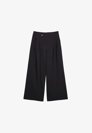 Sorte vidde bukser lavet af glat stof, med frontfolder, knaplukning og høj talje-design.