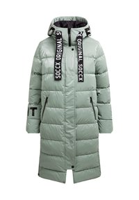 Langer, gepolsterter Mantel in Hellgrün mit Reißverschluss, verstellbare Kapuze und schwarzen Grafikriemen. Verfügt über zwei eingeschränkte Seitentaschen mit Reißverschluss.