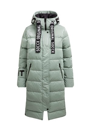 Langer, gepolsterter Mantel in Hellgrün mit Reißverschluss, verstellbare Kapuze und schwarzen Grafikriemen. Verfügt über zwei eingeschränkte Seitentaschen mit Reißverschluss.