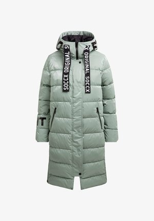 Langer, gepolsterter Mantel in Hellgrün mit Reißverschluss, verstellbare Kapuze und schwarzen Grafikriemen. Verfügt über zwei eingeschränkte Seitentaschen mit Reißverschluss.