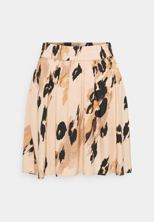 Falda beige con estampado abstracto de leopardo en negro y marrón, cinturilla elástica y silueta fluida en línea A.