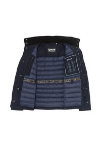 Chaqueta acolchada azul marino con un suave collar, bolsillos con cremallera y un panel interior con un dispositivo de control. El forro presenta una textura acolchada.