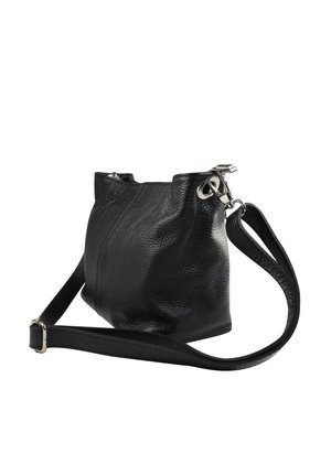 Black leather bucket bag with textured surface, silver hardware, and adjustable strap; round base and slightly wrinkled design.