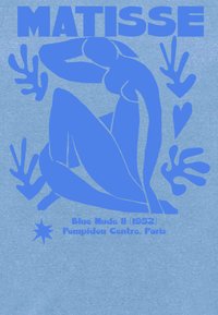 Modrý plakát s stylizovanou postavou v modré barvě na světle modrém pozadí. Text zahrnuje "Matisse" a "Modrá nahá II (1952)."