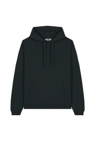 Felpa nera con cappuccio realizzata in morbido tessuto di cotone. Caratterizzata da una tasca a canguro frontale, polsini a costine e cappuccio con cordino.