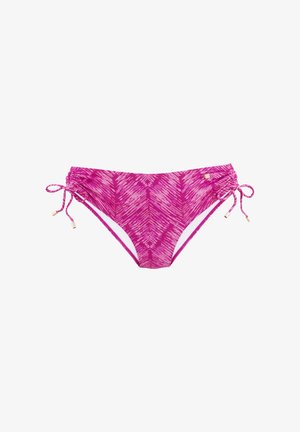 Rosa Bikini-Unterteil mit einem strukturierten Chevron-Muster. Verfügt über verstellbare seitliche Bindebänder und kontrastierende weiße Innenauskleidung. Strapazierfähiger Stoff.