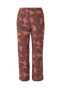 Braune tapered Hosen mit einem großen abstrakten Rostmuster, ausgestattet mit einem elastischen Bund und einer glatten Stofftextur.