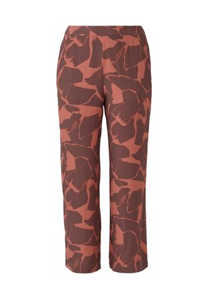 Pantaloni marroni affusolati con un grande motivo astratto ruggine, caratterizzati da una vita elastica e una texture di tessuto liscia.