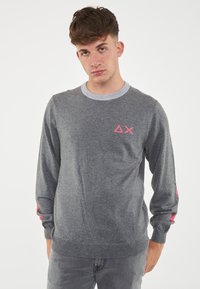 Maglione grigio a maniche lunghe, con colletto grigio a contrasto e logo rosa sul petto. Presenta dettagli rosa sulle maniche. Texture morbida.
