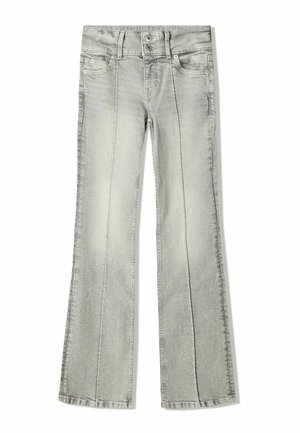 Lichtgrijze flared jeans van denim met een ritsluiting en dubbele knoopsluiting. Beschikt over vijf zakken en een gladde, licht gestructureerde afwerking.