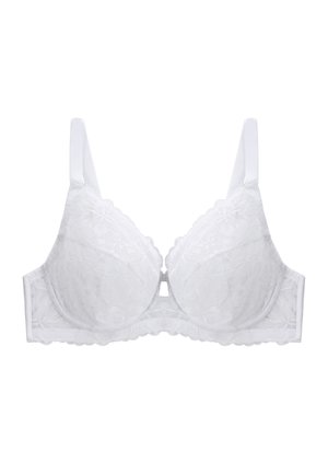 Soutien-gorge en dentelle blanche avec motifs floraux, bretelles réglables, armatures et bord festonné.