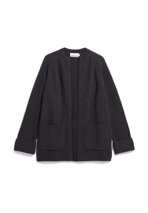 Donkergrijze cardigan van ribgebreid stof, met een kraagloos ontwerp, lange mouwen, voorzakken en een rechte snit.