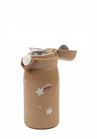 Bruine geïsoleerde waterfles met schroefdop, decoratieve patronen van sterren en kometen, en een handvat met textuur voor een betere grip.