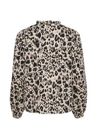 Bluse mit Leopardenmuster aus strukturiertem Stoff, mit hohem Rüschenausschnitt und langen Puffärmeln in Beige- und Schwarztönen.