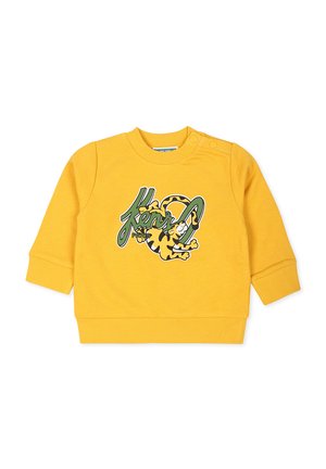 Geel sweatshirt met lange mouwen, geribbelde manchetten en een ronde hals. Heeft een speelse grafische afbeelding van een tijger en tekstontwerp. Soepele textuur.