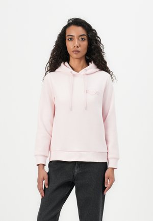 Lichtroze hoodie met een voorzak, een capuchon met trekkoord en geborduurd logo. Heeft lange mouwen en een geribbelde zoom, gemaakt van zachte stof.