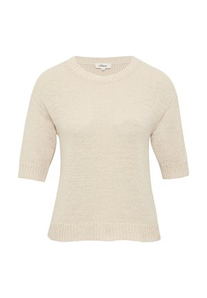 Beige gebreide trui met een ronde halslijn, korte mouwen en een losse pasvorm. De textuur is lichtgewicht en ademend. Casual ontwerp.