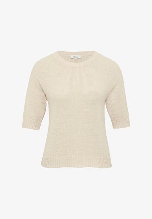 Beez värviga kudum, millel on ümar kaelus, lühikesed varrukad ja lahtine lõige. Tekstuur on kerge ja hingav. Õdus disain.