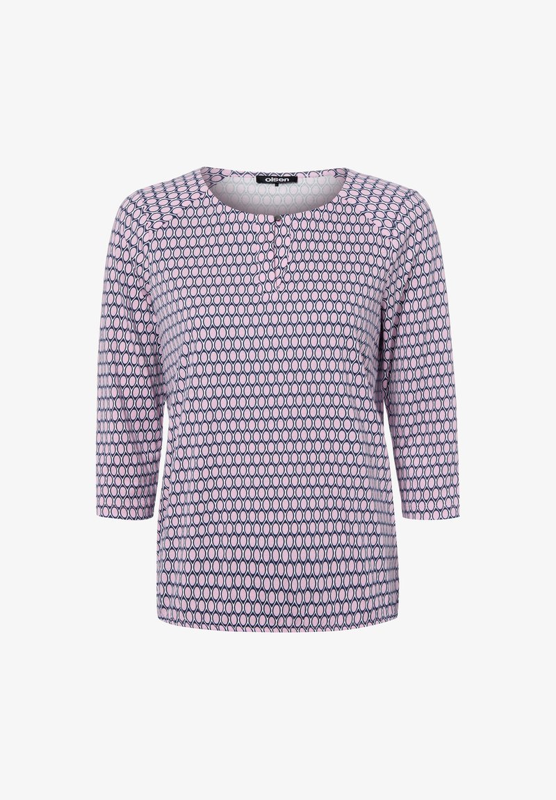 Dreiviertelarmshirt in Hellrosa mit einem geometrischen Muster aus dunkelblauen Ovalen, mit rundem Ausschnitt und Knopfleiste vorne.