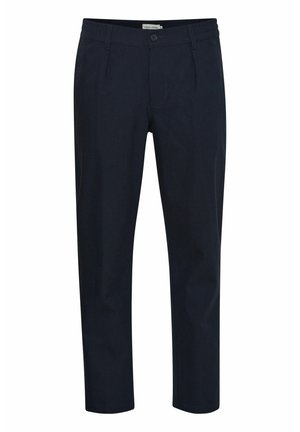Navy blue trousers made of a smooth fabric, featuring a straight cut, pleats, and a button closure. No visible pockets or embellishments.