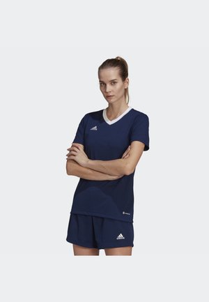Navy blue athletic outfit with a v-neck shirt and shorts. The shirt has white trim and features the Adidas logo on the chest and shorts.