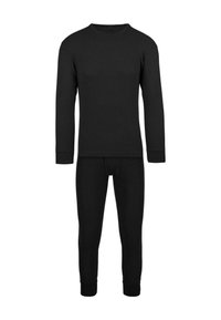 Schwarzes thermisches Langarmoberteil mit Rundhalsausschnitt und gerippter Struktur, kombiniert mit passenden langen Hosen mit elastischen Bündchen und strukturierter Passform.