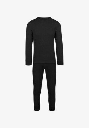 Schwarzes thermisches Langarmoberteil mit Rundhalsausschnitt und gerippter Struktur, kombiniert mit passenden langen Hosen mit elastischen Bündchen und strukturierter Passform.