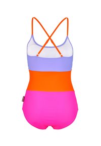 Eénstuk zwempak met kruislings oranje bandjes. Heeft horizontale panelen in lavendel, oranje en roze. Gladde, rekbare stof.