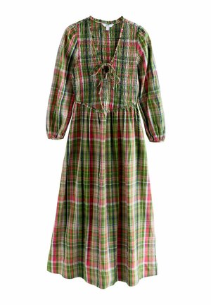 Dlhé kárované šaty so žabičkovaným živôtikom, v zelenej, ružovej a bielej kocke. Majú dlhé rukávy a viazanie pri výstrihu.