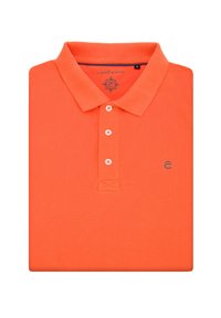 Pomarańczowa koszulka polo z kołnierzykiem, trzema guzikami i subtelnym logo na piersi. Wykonana z gładkiej, teksturowanej tkaniny.