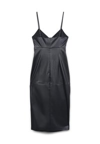 Schwarzes Kunstleder-Midikleid mit dünnen verstellbaren Spaghettiträgern und taillierter Passform.