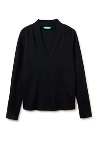 Czarny longsleeve z dekoltem w kształcie litery V, wykonany z miękkiego materiału. Charakteryzuje się luźnym krojem i subtelnymi przeszyciami wzdłuż dekoltu.