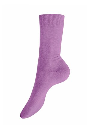 Ein einzelner Socken in Lavendelfarbe mit geripptem Bündchen, glatter Textur und leichtem Stretch im Fersen- und Fußgewölbebereich.