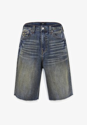 Blauwe vervaagde denimshorts met voorzakken, riemlussen, knoopsluiting en ruwe zoomranden.