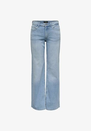 Light blue wide-leg jeans made of denim, featuring a high waist, five pockets, and a zipper fly with a button closure.