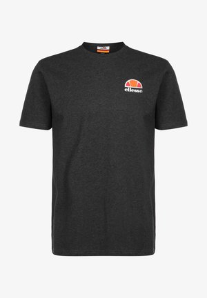 Mørkegrå kortærmet t-shirt i bomuld med lille orange og rød halvcirkel-logo og teksten "ellesse" på venstre bryst.