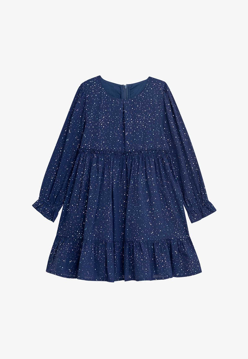 Dunkelblaues Kleid mit langen Ärmeln, gerafftem Bund und rüschengesäumtem Saum. Hat ein gesprenkeltes Muster in Pastellfarben. Reißverschluss hinten.