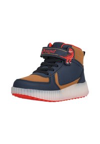 Høje sneakers med marineblå og brun syntetisk overdel, røde accenter, en gummisål og en dinosaur detalje på stroppen.