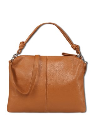 Tan leather handbag with pebbled texture, single knotted handle, detachable shoulder strap, and top zipper closure against white background.