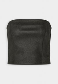 Haut noir bustier en tissu brillant. Design simple avec une coupe droite et sans éléments décoratifs ou matériels visibles. Texture lisse.