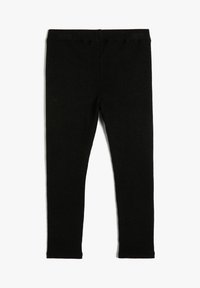 Leggings noirs côtelés en tissu extensible avec une taille élastique. Présente une texture lisse et une silhouette ajustée.