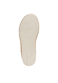 Brown rubber shoe sole with a ridged white base, featuring a raised logo and smooth textured edges, designed for comfort and traction.