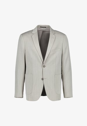 Lichtgrijze herenblazer met dunne witte verticale krijtstrepen, notched revers, sluiting met twee knopen en drie voorzakken.