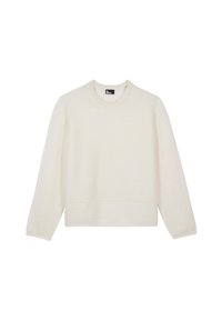 Pull blanc en tricot avec manches longues et col rond. Présente une coupe décontractée et une bande horizontale à l'ourlet pour la structure.