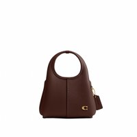 Dark brown leather handbag with rounded handle, gold clasp detail, and attached leather tag on a gold chain.