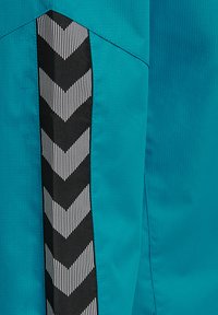 Teal stof met een gladde textuur heeft een contrasterende zwart-wit chevronpatroonstreep, geïntegreerd in het ontwerp.