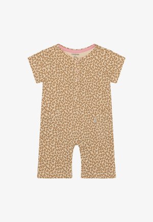 Tutina color sabbia con maniche corte, caratterizzata da un motivo floreale marrone, bottoni a pressione sul davanti e due tasche frontali. Tessuto morbido in cotone.